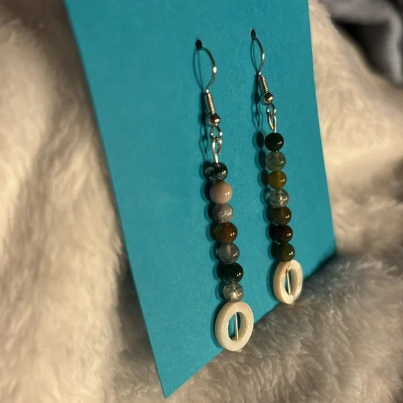 Green Jasper and Shell Silver Dangle Earrings - Picture 5 of 5